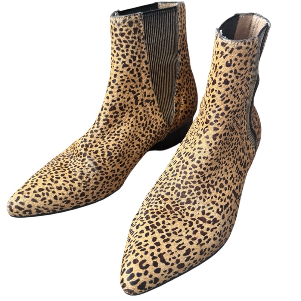 Pure Navy Leopard Print Calf Hair Cowhide Leather Ankle Booties Slip On 7.5